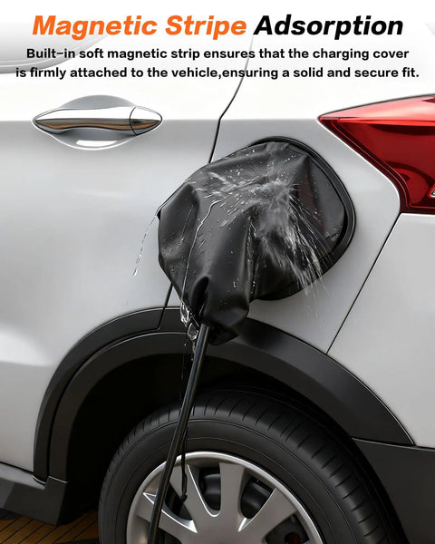 Universal EV Charger Cover No Sweat Waterproof Rain And Snow Protection Rock Solid Magnetic Grip on electric vehicle's charging port.