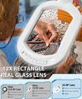 Person using 12X Magnifying Glass With Light And Stand, Large 6 By 4 Inch Optical Glass Lens for crafting.