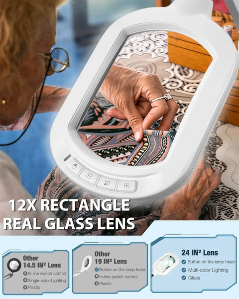 Person using 12X Magnifying Glass With Light And Stand, Large 6 By 4 Inch Optical Glass Lens for crafting.