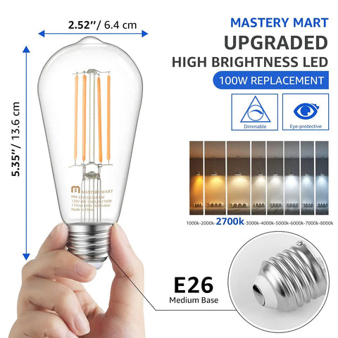Retro E26 LED Filament Bulb ST21 Glass Edison Style For Old School Vibe, Warm 2700K Soft White, Dimmable 100W Equivalent