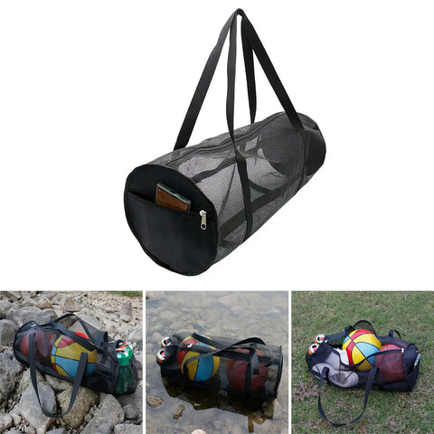 Heavy Duty Mesh Dive Bag For Gear And Sports Equipment, Foldable Duffel with sports items, rugged and ventilated design on grass and rocks.