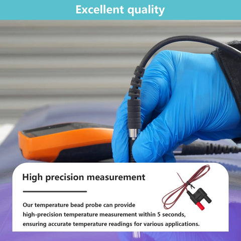 80BK-A Type K thermocouple bead probe with clamp; black cord, metal tip, blue-gloved hand, orange meter nearby