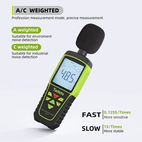 A C Weighted Portable Decibel Meter With 30 To 130 dB Range, featuring backlit LCD display, shown with measuring modes description.