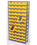 Heavy Duty Steel Shelving Rack With Sixty Black Hopper Front Parts Storage Bins filled with small components and tools.