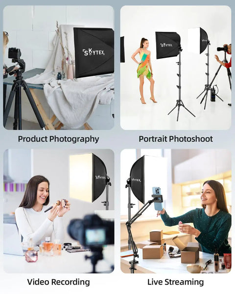 Pro Softbox Lighting Kit 16x16in For Studio Photos And Video with 135W LED, showcasing uses for product photography, portraits, video, streaming