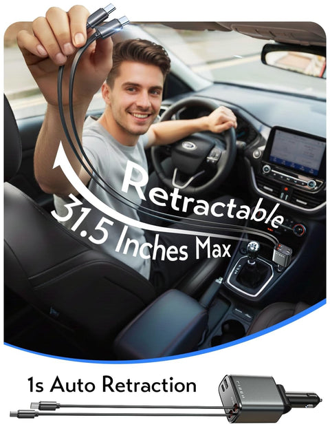 Man in car showcasing Retractable USB C Car Charger 75W Fast 4 In 1 Dual Type C For iPhone 17 And Galaxy S26