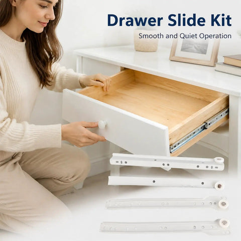 Woman opening white cabinet drawer showing Beefy Cold Rolled Steel Drawer Slide Kit 25 Cm Cabinet Track Rail with Thickened Hardware