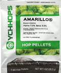 Front view of Amarillo hop pellets 1 oz in nitrogen purged foil pack for floral and citrus aroma in ales and lagers.