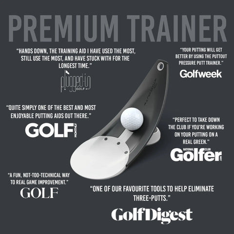 Game-Changing Pressure Putt Trainer with true hole replication and instant feedback in grey with golf ball on putting surface.