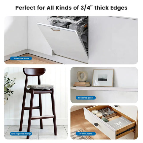 Six Pack 18 Inch Clear Cabinet Door Kick Guards tailored for flat 3/4 inch panels showcased on various appliances and furniture.