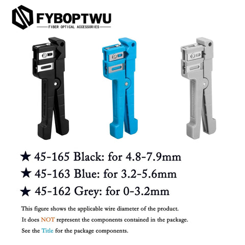 Image of Coaxial Cable Stripping Cutter Tool With Four Beefy Blades in black, blue, and grey for various cable sizes.
