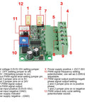 0 To 5V And 0 To 10V Analog Input To PWM Converter With Dual Outputs, labeled components, circuit board, 2KHz to 20KHz range