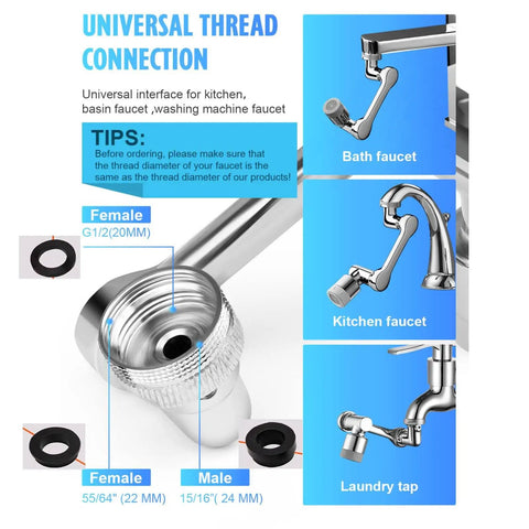 Universal thread connection for 1080 Degree Rotating Faucet Extender Dual Outlet Aerator 2 Pack with multiple faucet examples