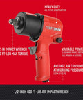 Half Inch Air Impact Wrench With 400 Ft Lbs Torque, Heavy Duty All Metal Build, Variable Power Settings, 5 SCFM At 90 PSI