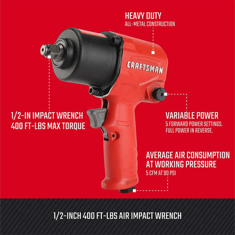 Half Inch Air Impact Wrench With 400 Ft Lbs Torque, Heavy Duty All Metal Build, Variable Power Settings, 5 SCFM At 90 PSI