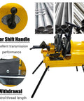 Pro Grade Electric Pipe Threader Machine For Half Through Four Inch Bspt And Npt Threads With 220v Heavy Duty Specs showcasing gear shift handle and metal pipes.