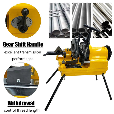 Pro Grade Electric Pipe Threader Machine For Half Through Four Inch Bspt And Npt Threads With 220v Heavy Duty Specs showcasing gear shift handle and metal pipes.