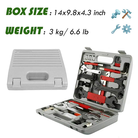 All In One Bike Repair Tool Kit For DIY Riders with box, premium carbon steel tools for tires, brakes, lights, and chains