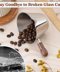 Espresso Shot Cup With Wood Handle, 6.8 Oz Stainless Steel Measuring Cup For Barista Grade Cappuccino, coffee beans inside, silver.