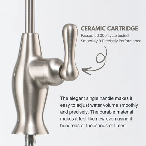 Close-up of handle on Brushed Nickel Reverse Osmosis Faucet No Air Gap For Under Sink Water Filtration System NSF Certified Lead Free Drinking Water Tap For RO Unit FLR575BN For Homes