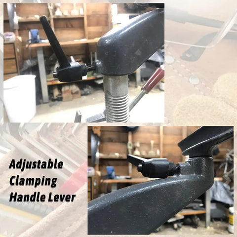 Heavy Duty 2 Pcs M10 Clamping Lever Handle With Female Thread Quick Release Lock and Rock Solid Aluminum Alloy Adjustable Knurled Thumb Wheel Knob For Garage Work And Woodshop Projects In Matte Black close-up view of clamping lever in use