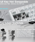Rock Solid Aluminum Wireless Mechanical Gaming Keyboard With Dedicated Numberpad Featuring Tri Mode Bluetooth And Usb Wired Connection For Zero Lag Action And Butter Smooth Typing On Windows Mac And Tablets with hot swappable keys and white dragon switches.