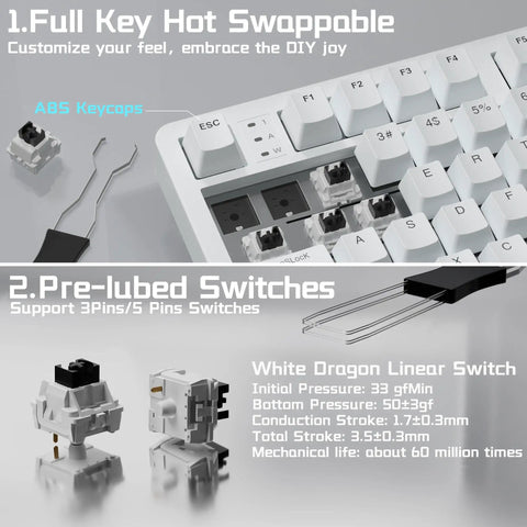 Rock Solid Aluminum Wireless Mechanical Gaming Keyboard With Dedicated Numberpad Featuring Tri Mode Bluetooth And Usb Wired Connection For Zero Lag Action And Butter Smooth Typing On Windows Mac And Tablets with hot swappable keys and white dragon switches.