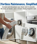 Man connecting Magnetic Dryer Vent Hose With Airtight Seal Reduces Lint By Ninety Percent Flexible Four Inch Duct to dryer outlet