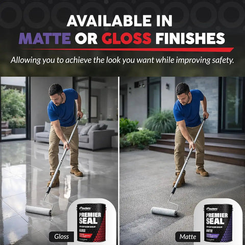 Premium Acrylic Non Slip Concrete And Paver Sealant applied with roller in gloss finish on smooth floor for enhanced safety.