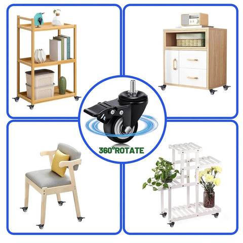 Heavy Duty 2 Inch Swivel Casters With Dual Locking Polyurethane on furniture and plant stand, showcasing smooth rolling and stability.