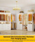 Modular Walk In Closet System with 4 Sets Extending 8 to 21 Feet Including 12 Spacious Drawers and 8 Adjustable Hanging Rods in white.