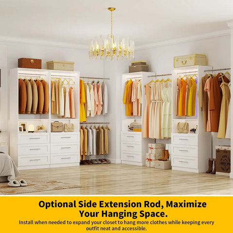 Modular Walk In Closet System with 4 Sets Extending 8 to 21 Feet Including 12 Spacious Drawers and 8 Adjustable Hanging Rods in white.