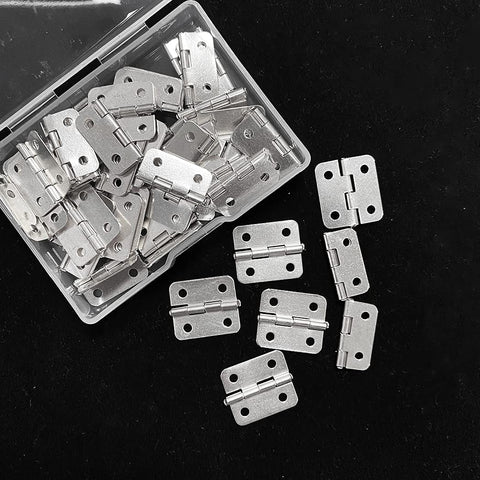 Antique Mini Hinges 50 Piece Set With Replacement Screws For Wooden Boxes Jewelry Chests And Cabinets DIY Projects 18x16mm Nickel Finish Rust Resistant Iron Hinges Built To Last And Easy To Install For Box Repair And Craft Makeovers in open box on black background