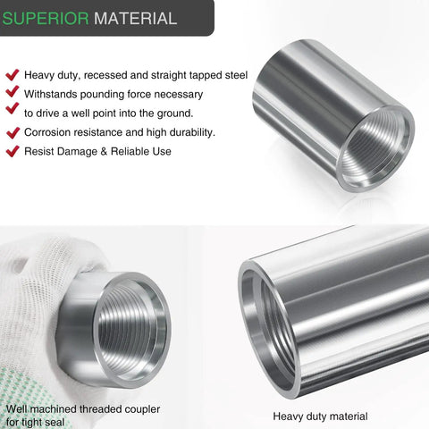 5-Pack 1 1/4 Inch Drive Female Couplings For Well Point Hand Pumps, shown in heavy-duty galvanized steel