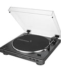 Audio-Technica Black Belt Drive Turntable Features Wireless Bluetooth High Fidelity Stereo Sound Automatic Operation with clear cover.