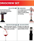Air Pressure Pump Corkscrew Set All In One With Foil Cutter And Aerator Pourer Vacuum Stoppers Four Pack Easy One Hand Operation Simple Cork Remover Efficient Wine Opener Tools Great Gift For Wine Lovers featuring foil cutter, corkscrew, aerator pourer, and vacuum stopper.