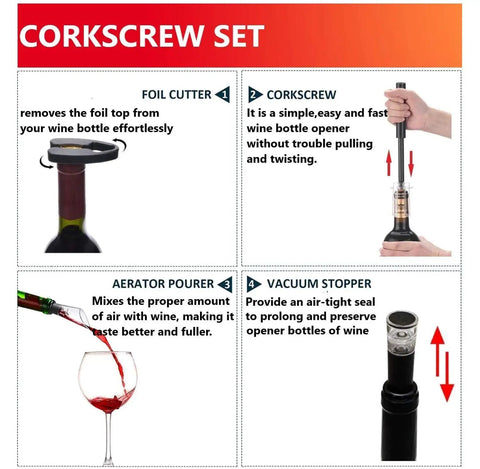 Air Pressure Pump Corkscrew Set All In One With Foil Cutter And Aerator Pourer Vacuum Stoppers Four Pack Easy One Hand Operation Simple Cork Remover Efficient Wine Opener Tools Great Gift For Wine Lovers featuring foil cutter, corkscrew, aerator pourer, and vacuum stopper.