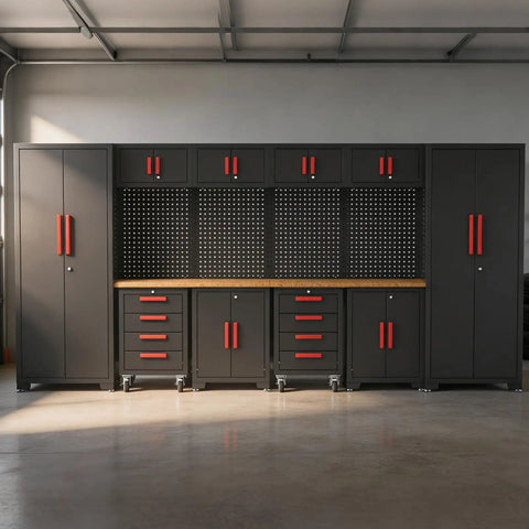 Heavy Duty Steel Garage Storage Cabinet System Featuring Smooth Rolling Drawers Integrated Workbench And Roomy Stacking Setup To Stash Your Tools And Gear Inside