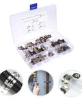 Pro Grade Heavy Duty Stainless Steel U Clamp Pipe Repair Kit 50 Pack in organizer box with close-up installation views on wood and pipes