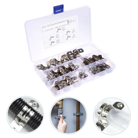 Pro Grade Heavy Duty Stainless Steel U Clamp Pipe Repair Kit 50 Pack in organizer box with close-up installation views on wood and pipes