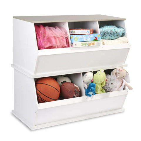 Three Bin Stackable Toy Storage Cubby Organizer For Kids Playroom And Bedroom Expandable Modular Toy Storage System For Toys In White Gray Woodgrain