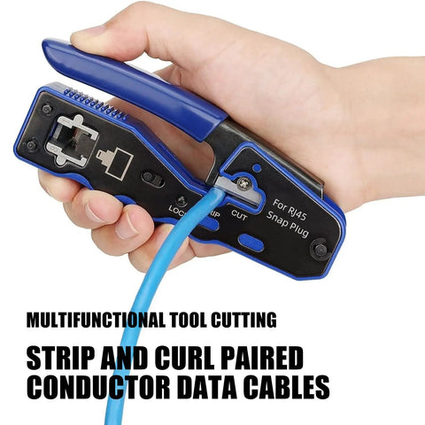 Hand using All In One Crimping Tool Kit For Ethernet And Phone Cables With RJ45 Cutter Wire Stripper And Network Crimper