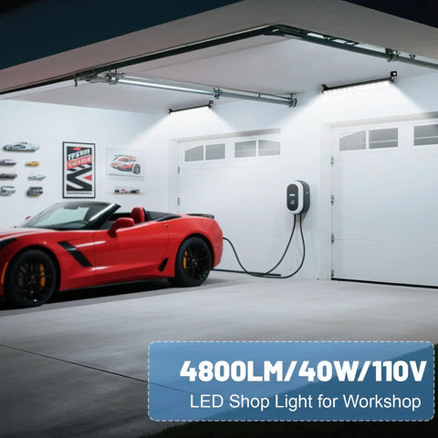 Two Pack 40W LED Shop Lights Daylight White 6000K 4800 Lumens Plug In Work Light With 6.5 Ft Cord And Easy Switch illuminated in garage.