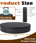 Prolee 12 Inch Electric Rotating Turntable 360 Degree Motorized Display Stand With Remote Control for product photography, shows capacity and controls.