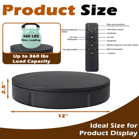 Prolee 12 Inch Electric Rotating Turntable 360 Degree Motorized Display Stand With Remote Control for product photography, shows capacity and controls.