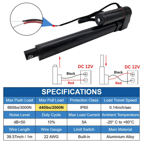 12V Heavy Duty Linear Actuator 24 Inch Stroke 660 Pound Capacity Straight Rod Push Pull Electric Cylinder with specifications.