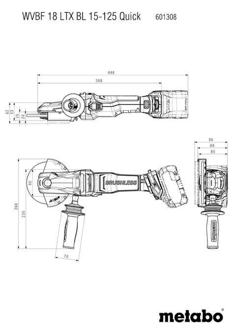 Built Tough Brushless 18V Cordless Flat Head Angle Grinder 125 MM Disc detailed dimensions drawing.