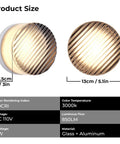 Modern Round LED Wall Sconce, 8W Smoke Grey Striped Glass Vanity Light size comparison, showing 3in and 5.1in dimensions.