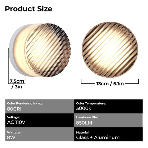 Modern Round LED Wall Sconce, 8W Smoke Grey Striped Glass Vanity Light size comparison, showing 3in and 5.1in dimensions.