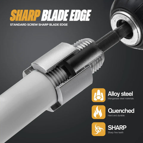 Close-up of Dual Function Pipe Threading Tool With Integrated Internal And External Threads For PVC And PPR Pipes, Drill Powered Pipe Threader Kit in use.